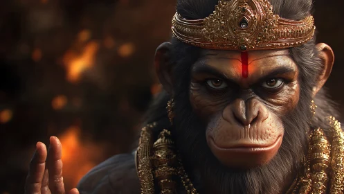 Regal monkey deity in glowing embers of quiet power.