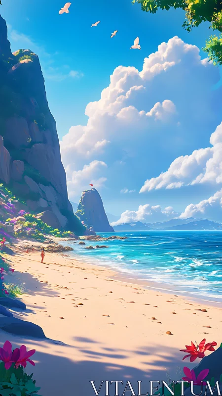 Beach cove with towering rock formations under clear sky.