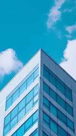 Sky-quiet glass tower slices into a cloud-bright blue horizon.