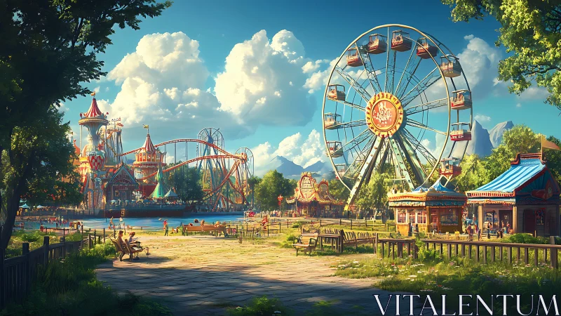 Colorful summer amusement park with ferris wheel and rides.