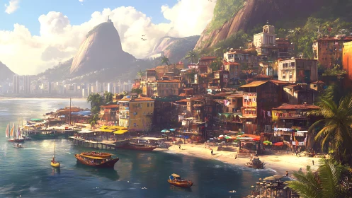 Sunlit hillside favela overlooks a bustling tropical bay