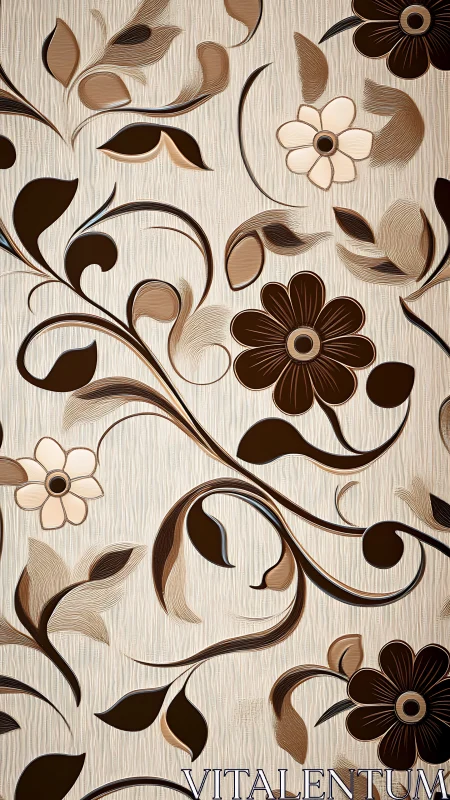 Beige wallpaper with brown stylized floral vines pattern.