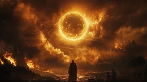 Cloaked figures watch burning sky with central fiery ring.