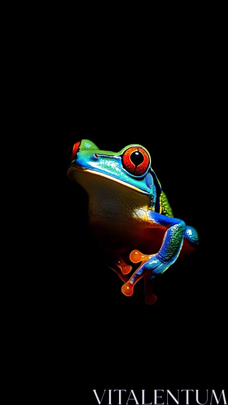 Vivid red eyed tree frog isolated on deep black background.