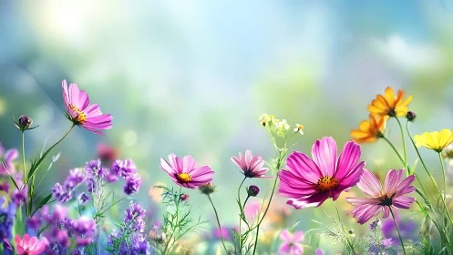 Vibrant Wildflower Garden in Soft Sunlight and Blurred Sky