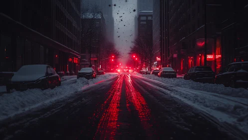 Snow-covered urban street is illuminated by red traffic lights