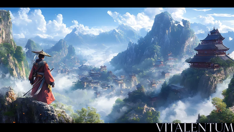 Robe-clad figure observing expansive mountain temple valley.