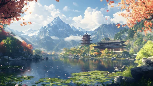 Pagoda daydreams beside crystal lake and snowbright peaks.
