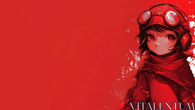 Red-clad anime child with goggles against bold red field.