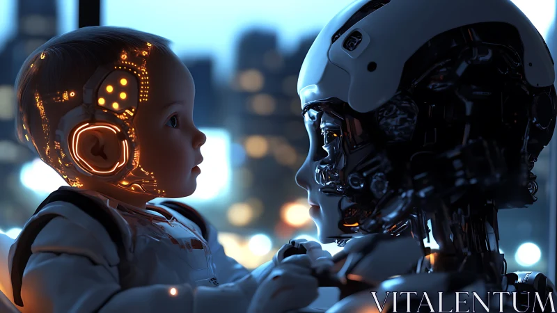 Cybernetic child and humanoid robot in luminous dialogue.