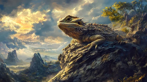 Spiny reptile on rocky outcrop under expansive sky at dusk.