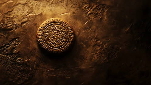Ancient sunlit coin resting on weathered golden stone.