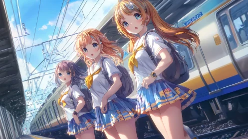 Summer friends waiting on a sunny anime train platform.