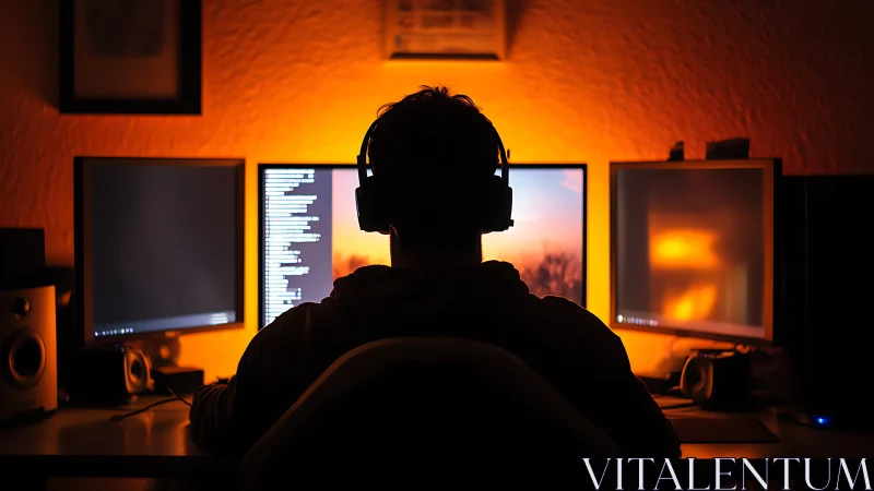 Silhouetted programmer at triple monitors in warm orange glow.