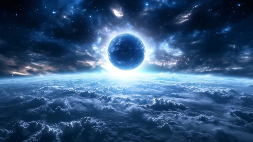 Midnight planet rising above storm-tossed celestial clouds.