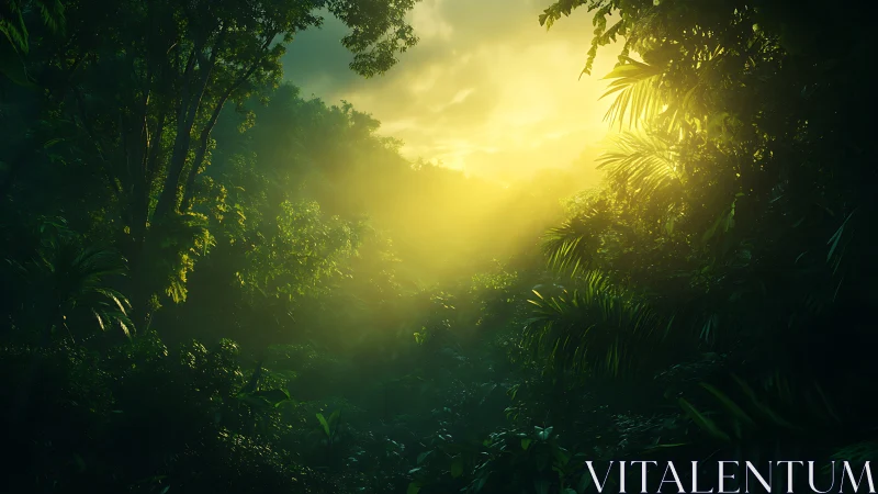 Sunlit Forest Canopy: Atmospheric Light Penetrating Dense Jungle Foliage.