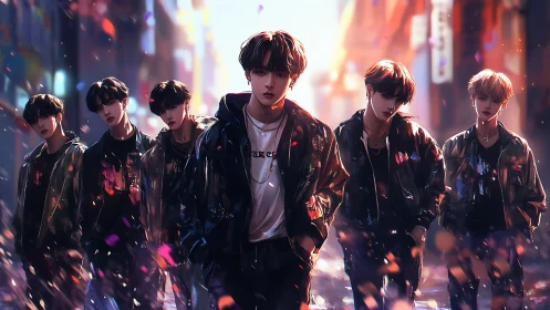 Urban luminescent boy band under cinematic depth blur.