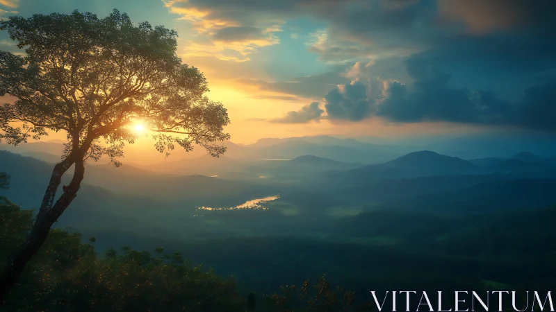 Radiant atmospheric sunrise over layered riverine highlands.