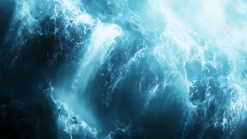 Digital oceanic cascade with high-contrast luminous turbulence.