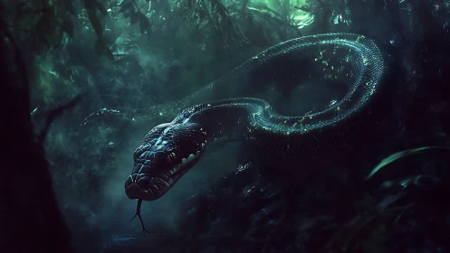 Giant emerald serpent coils through dark misty jungle undergrowth