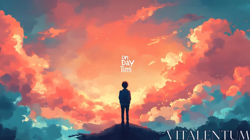 Sunset dreamer stands beneath glowing cotton candy clouds