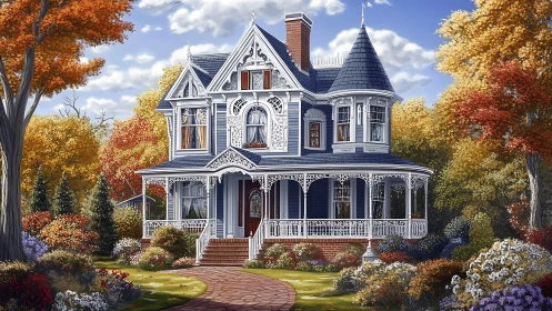 Victorian blue house wrapped in cozy autumn garden light.