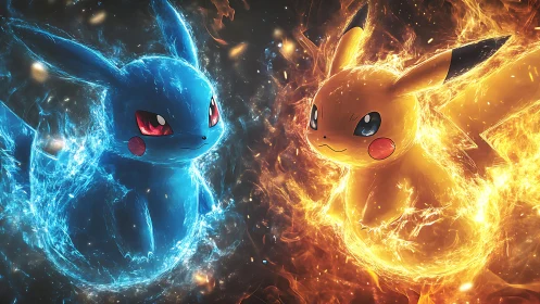 Elemental dual Pikachu in high-energy digital painting composition.