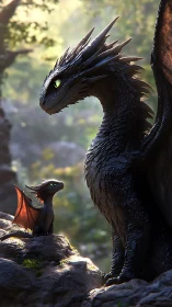 3D dragon duo in backlit forest vertical character study.