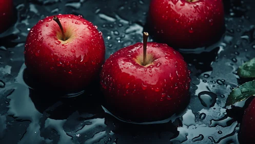 Crimson apples gleam on inky water under moody studio light.