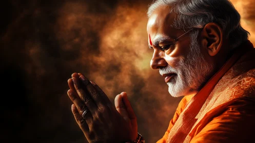 Elderly man in prayerful pose against dramatic warm glow.