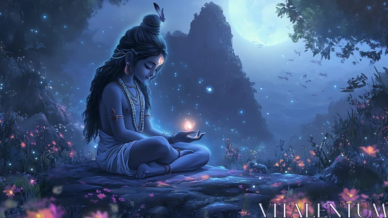 Moonlit child-god cradles a whisper of cosmic fireflies