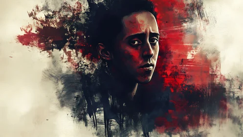 Brooding portrait adrift in crimson stormbrush silence.