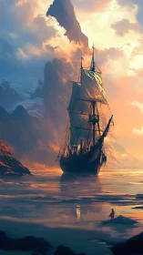 Sunlit tall ship approaches misty mountain shore at dusk