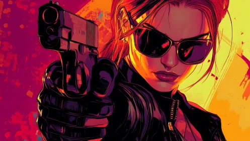 Neon hitwoman portrait aiming pistol in bold vector noir.