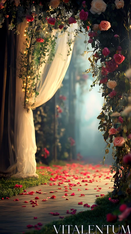 Romantic rose archway framing softly lit wedding path.