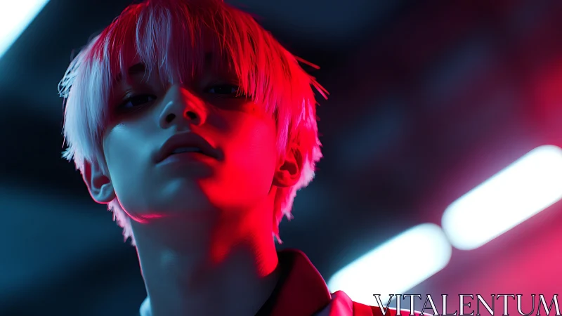 Neon-lit portrait with saturated red cyan rim lighting effect.