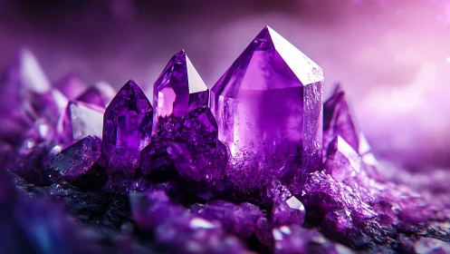 Radiant purple crystals glowing in a dreamy twilight hush.