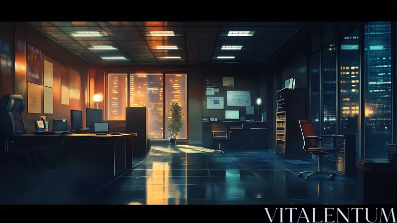 Midnight office quietly drinks in the neon city glow