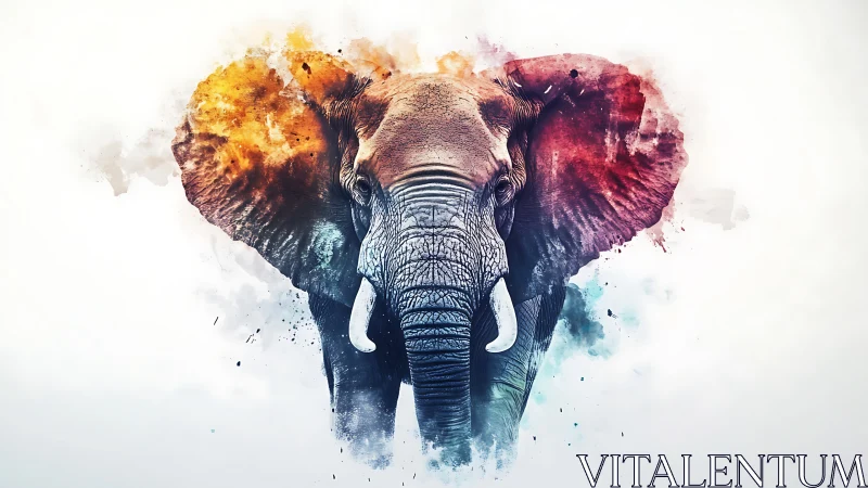 Vibrant watercolor elephant portrait with abstract splashes.