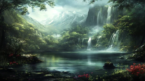 Mountain basin with waterfalls, forest canopy, and still lake.