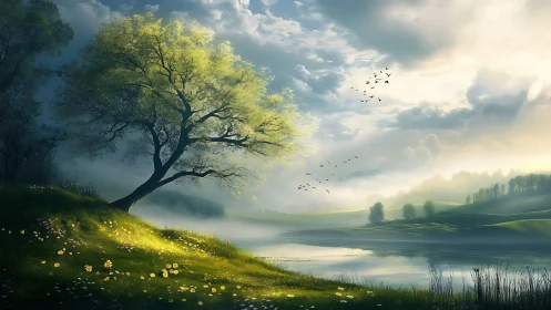 Soft morning light welcomes a peaceful riverside meadow