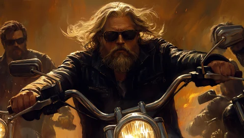 Bearded biker leader rides chrome motorcycle through firestorm.