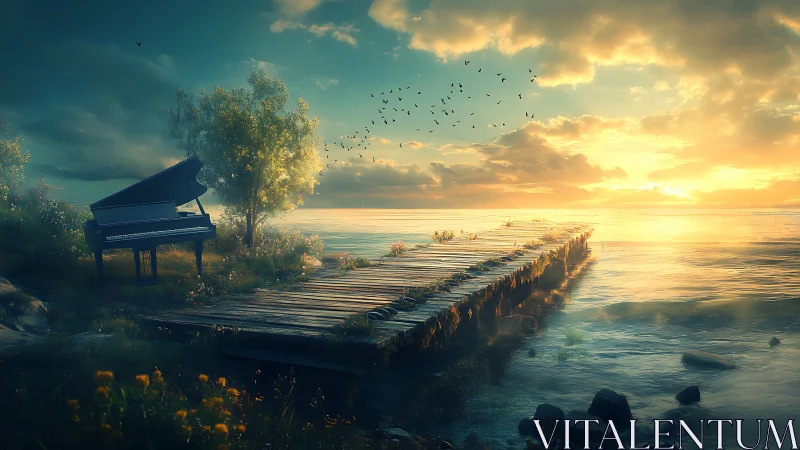 Sunset piano drifts at the edge of a dreaming wooden pier.