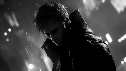 Noir-lit cyber antihero in rain-soaked volumetric chiaroscuro.