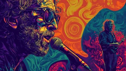 Psychedelic singer portrait with neon concert guitarist.