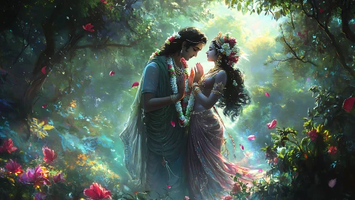 Stylized figures in elaborate botanical garden setting with atmospheric lighting