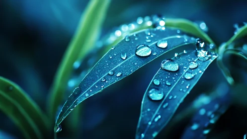 Close-up of wet leaves with water droplets in blue light.