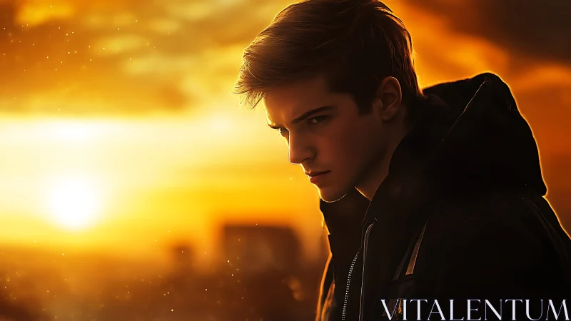 Young male figure in profile against an orange sunset sky.
