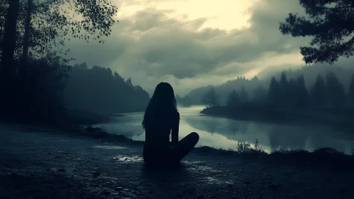 Silhouetted figure by misty riverside under overcast sky.