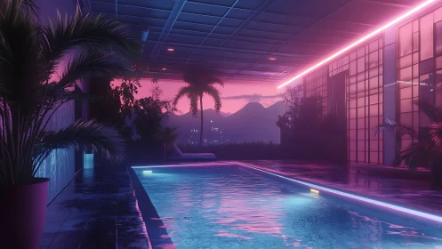 Indoor rooftop pool with neon lighting and distant hills.
